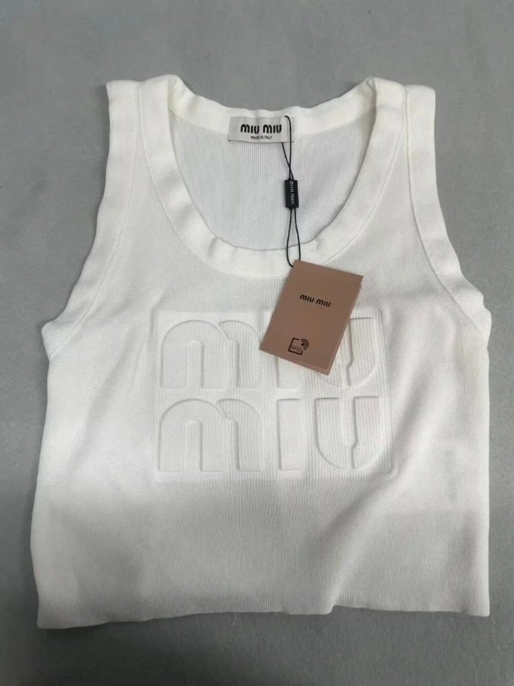 Miu Miu White Ribbed Knit Tank Top w/ 3D Embossed Logo - Picture 2 of 5
